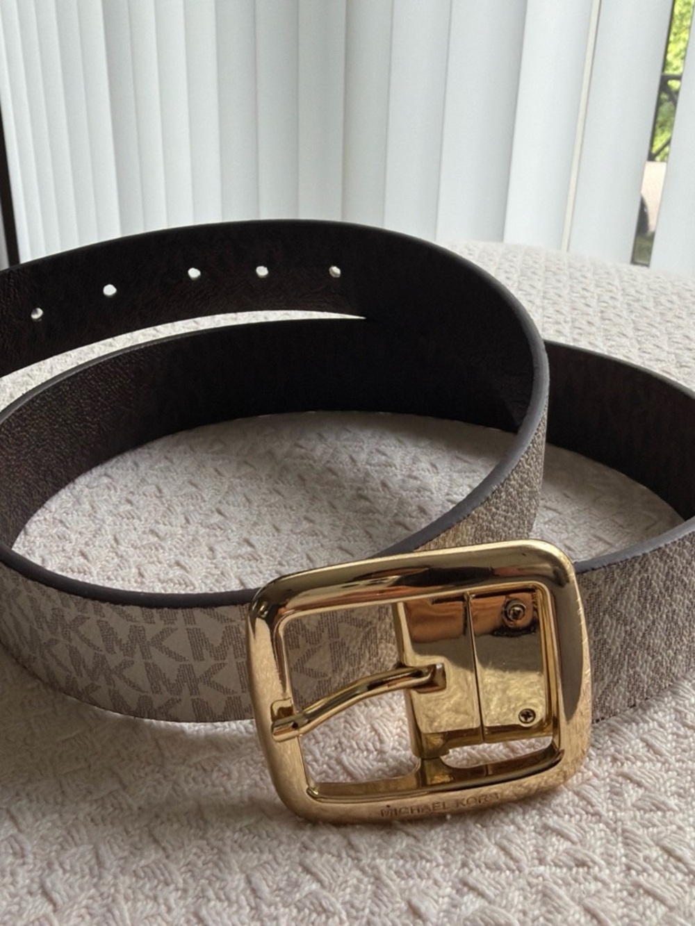 Michael Kors reversible Beige/Brown Monogram Belt with Gold Buckle